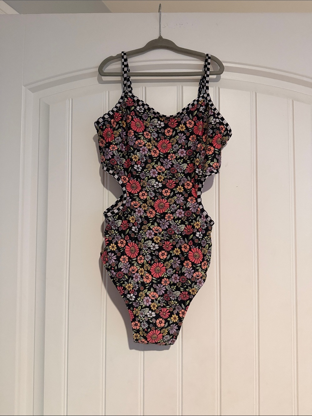 Girls Black Floral One-Piece Swimsuit with Pink Flowers XL